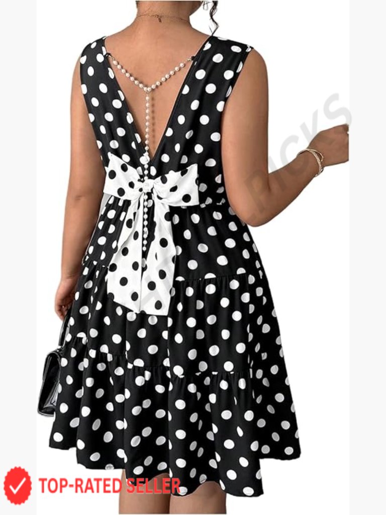 Plus Size Polka Dot Bowknot Flowy Dress Backless Pearl Chain A Line